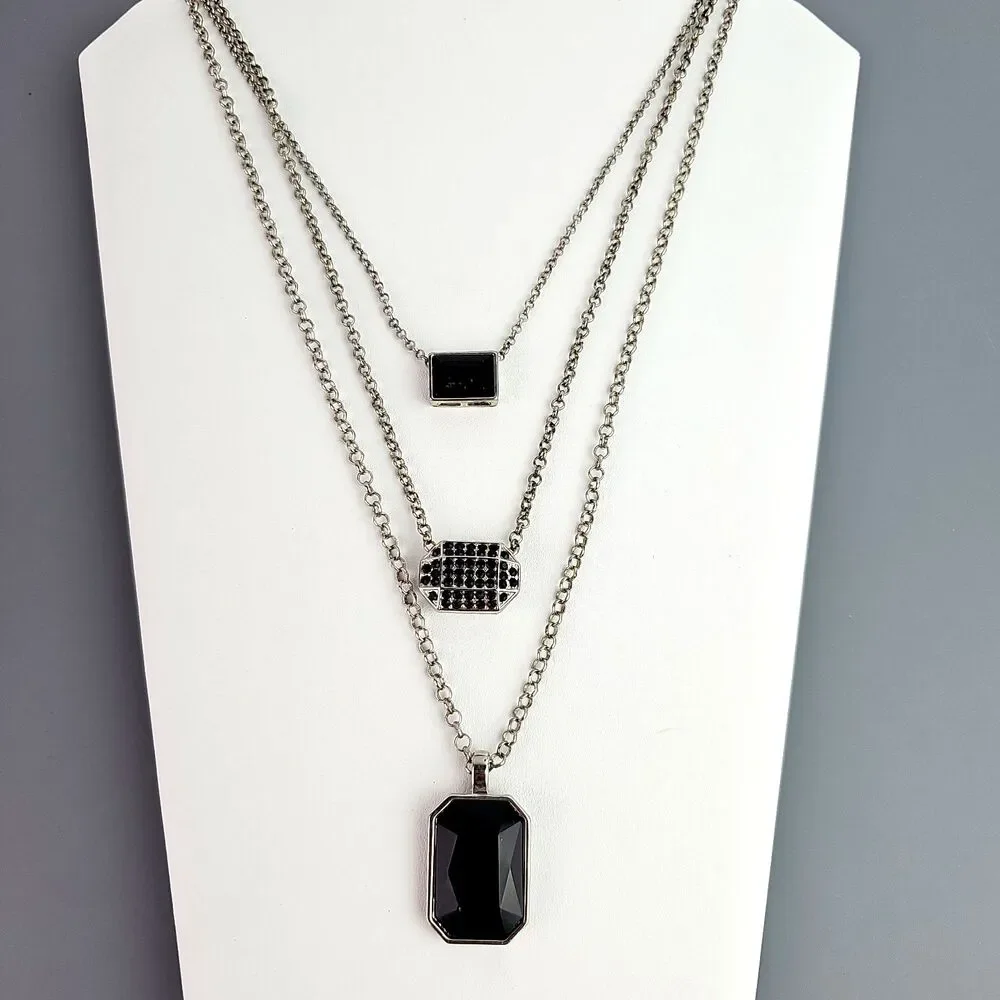 3 Layered Chain Necklace Black Theme Pendants Silver Tone 22 26 30 inch